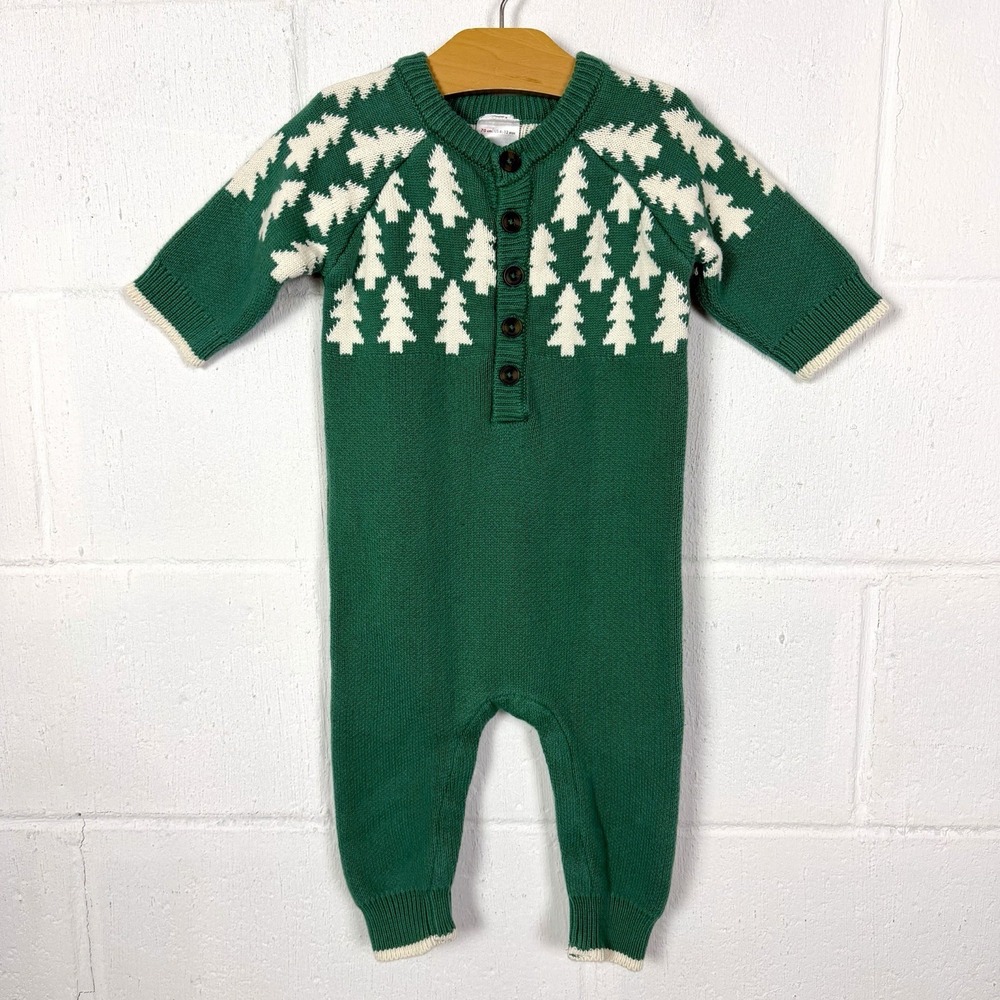 Hanna Andersson Baby Henley Sweater Romper 6-12 mo (70cm) Green Christmas Trees